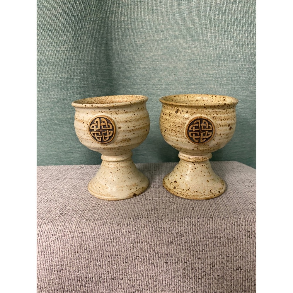 Pottery Celtic Knot Goblets Set of 2 Speckled Stoneware Chalice Cream